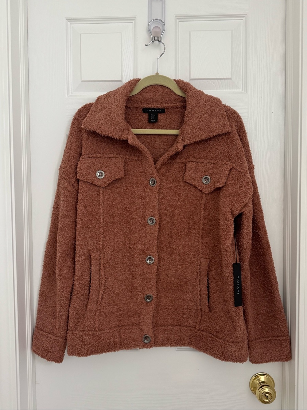 Tahari Women’s XL Fuzzy Button Front Shirt Jacket Terracotta NWT